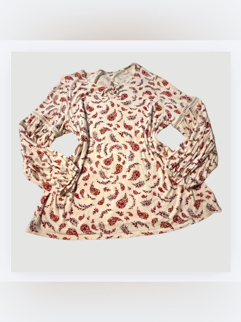 Old Navy Cream Paisley Tie-Neck Tunic with Red & Orange Print, Size XL